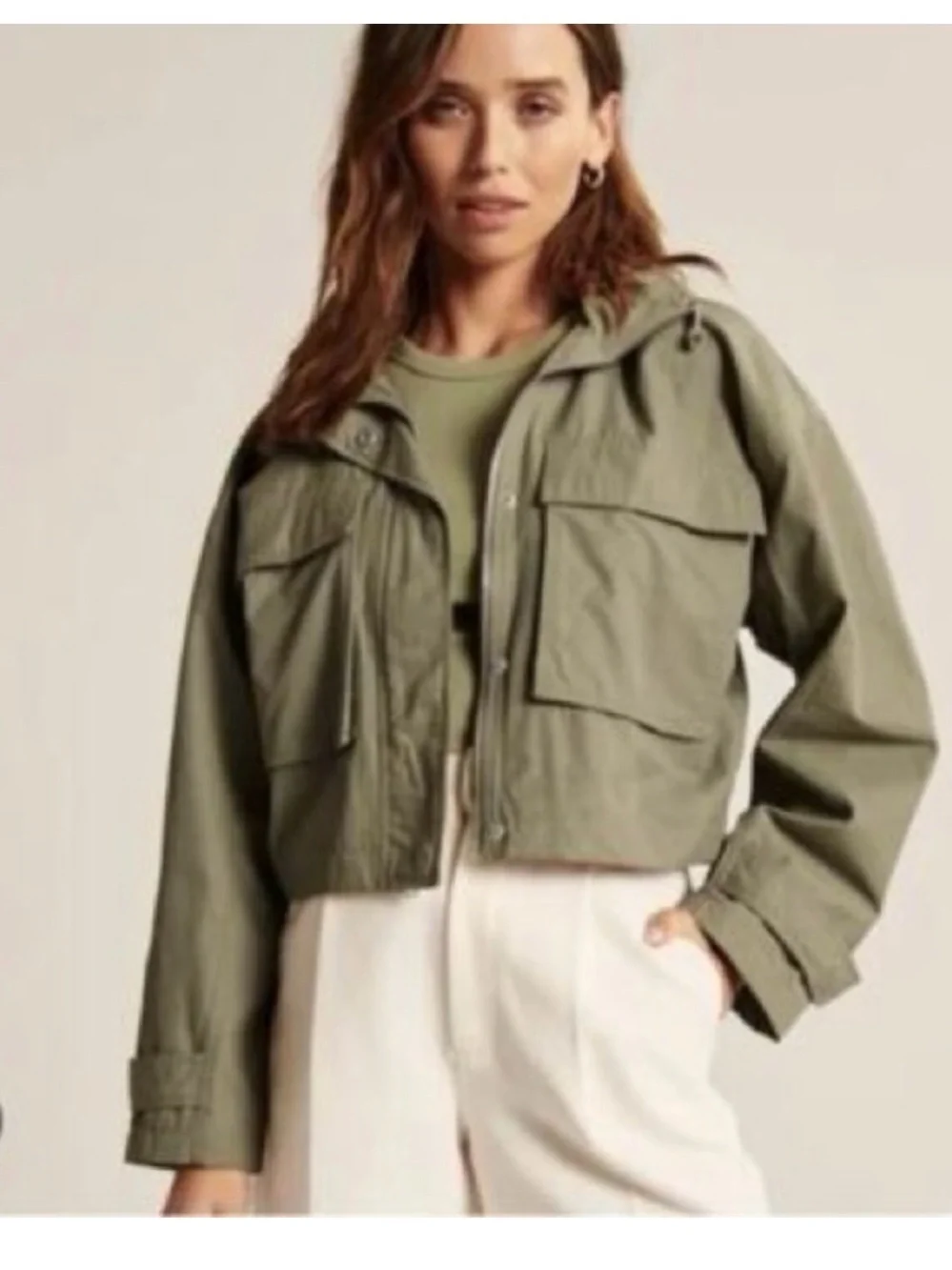 Abercrombie Olive Utility Hooded Cropped Jacket Sz L - Picture 2 of 7